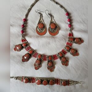 Genuine Composite Coral Tibetan Necklace Bracelet Earring Set